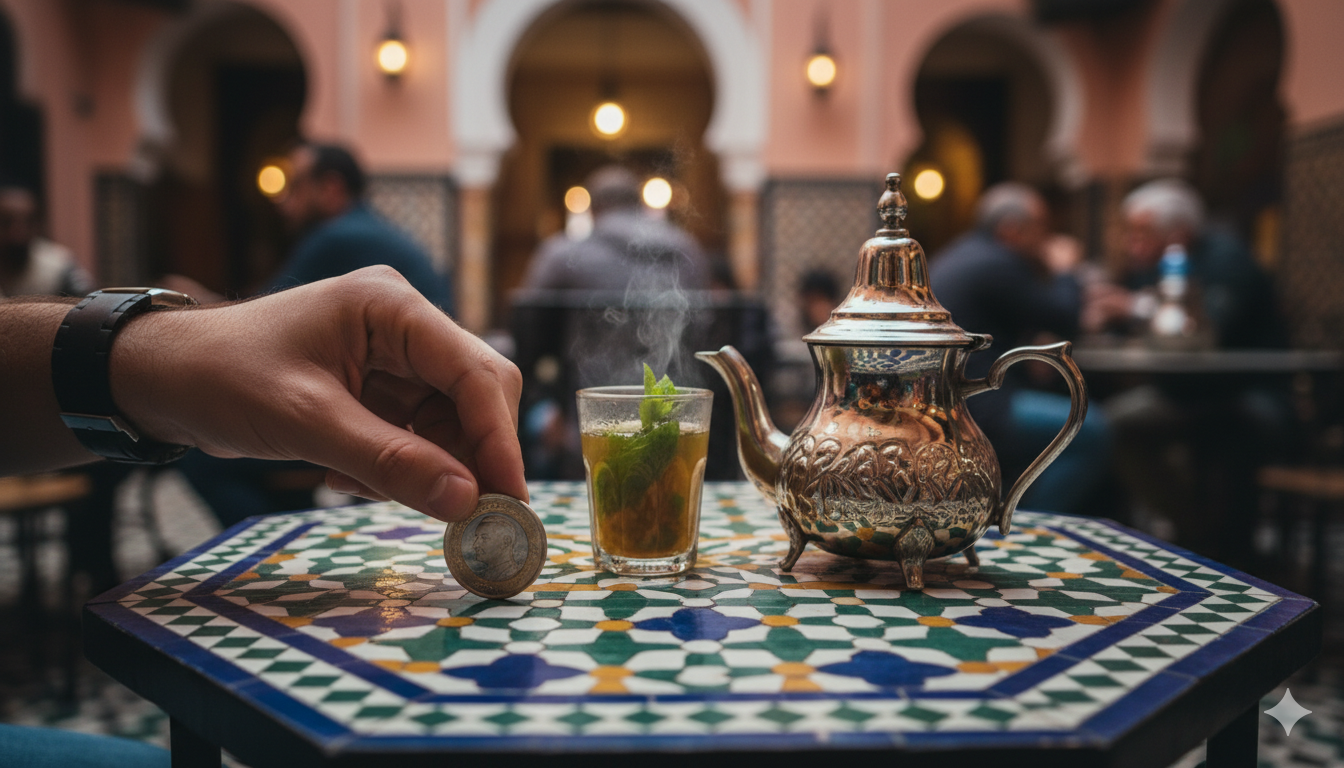 Pièce de 20 MAD posée sur une table de café marocain avec thé à la menthe